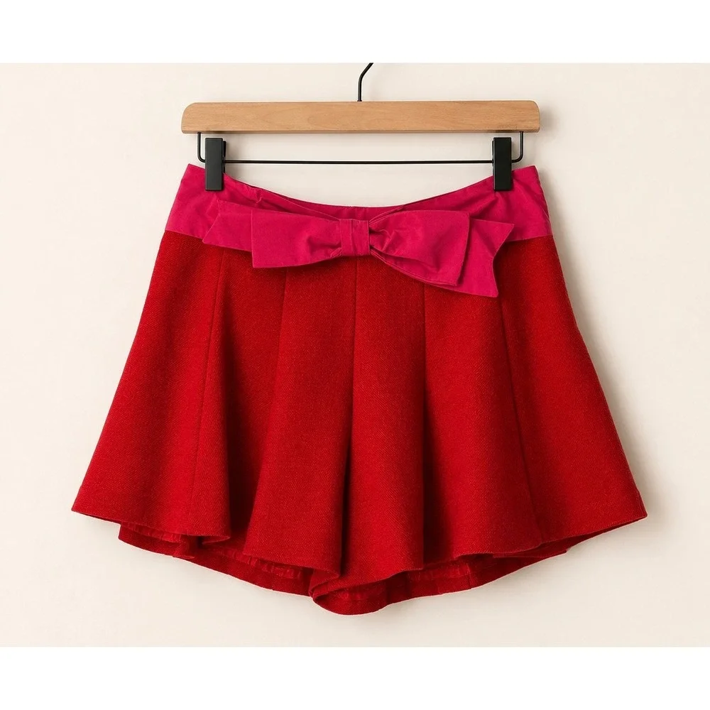Anthropologie Maeve Paneled Skirty Shorts Red Pink Bow Waist Size 4